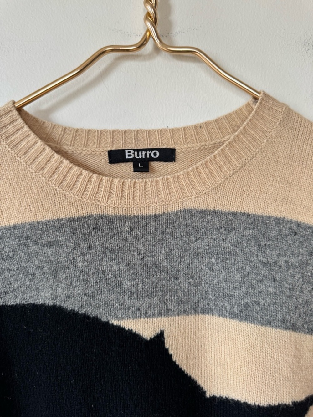 Burro London Camel and Gray Striped Lambswool Shark Crewneck Sweater L - Picture 4 of 7